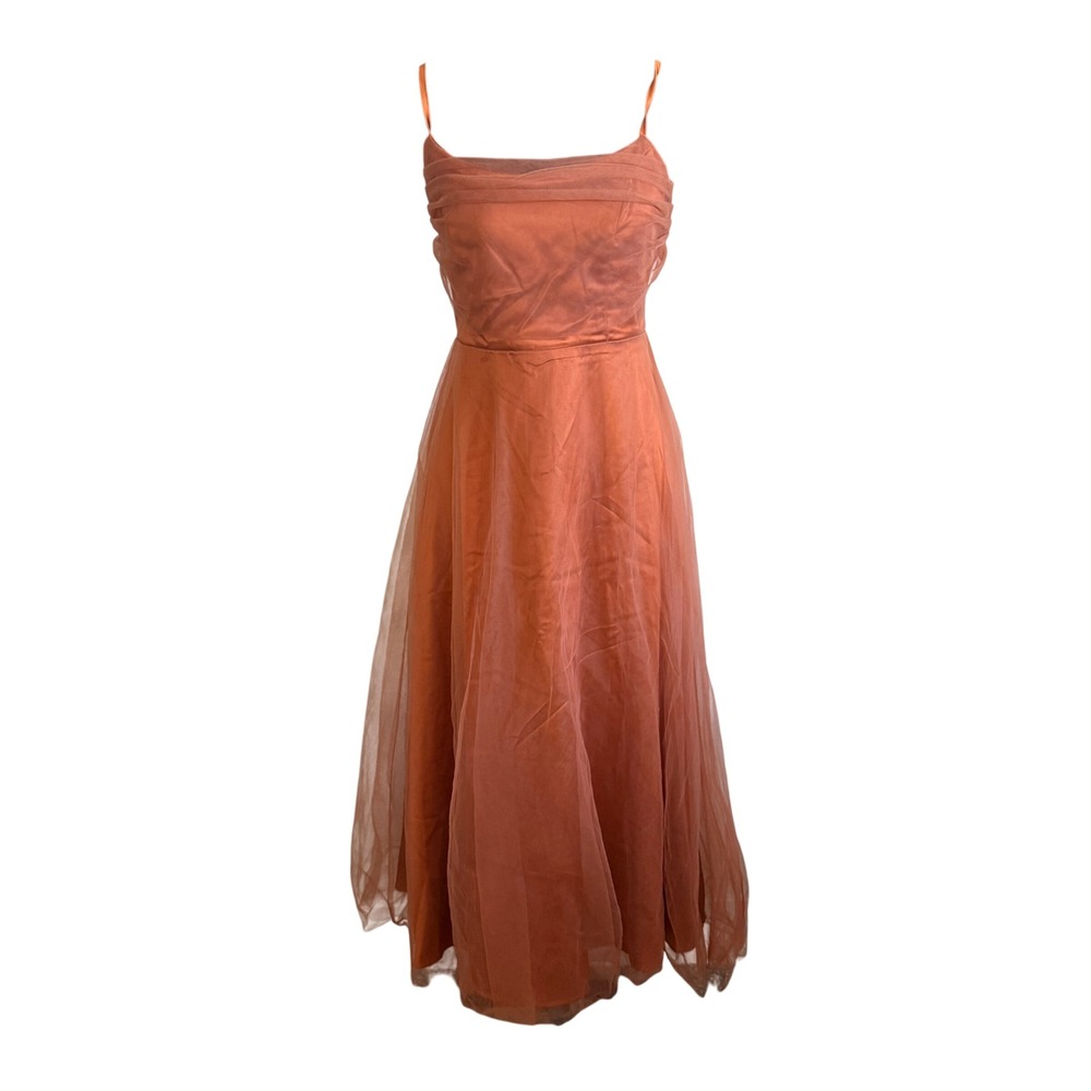 Rihoas Orange Tulle Overlay Midi Dress Open Tie Back XS Fall Earthy Whimsical